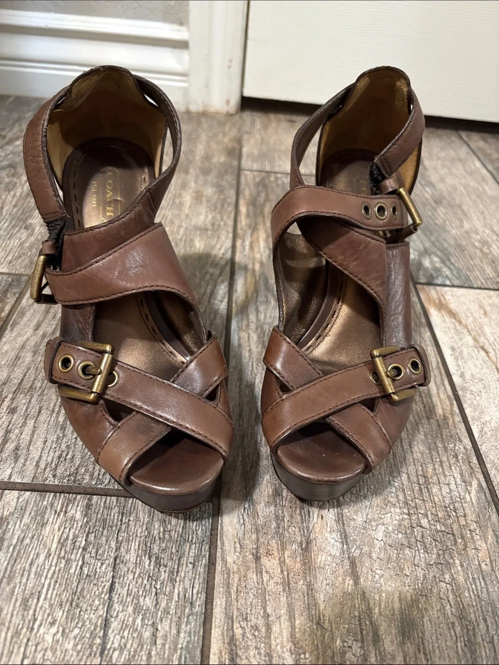 Coach Shannon Leather Buckle Wedge Sandal